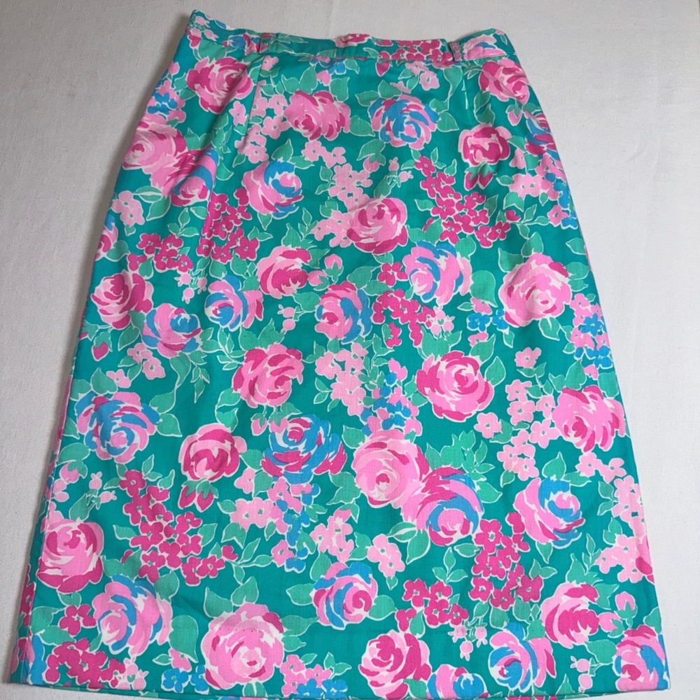 Seawaves Vintage Floral Rose Print Midi Skirt Pink Blue Garden Made in USA Sz 8